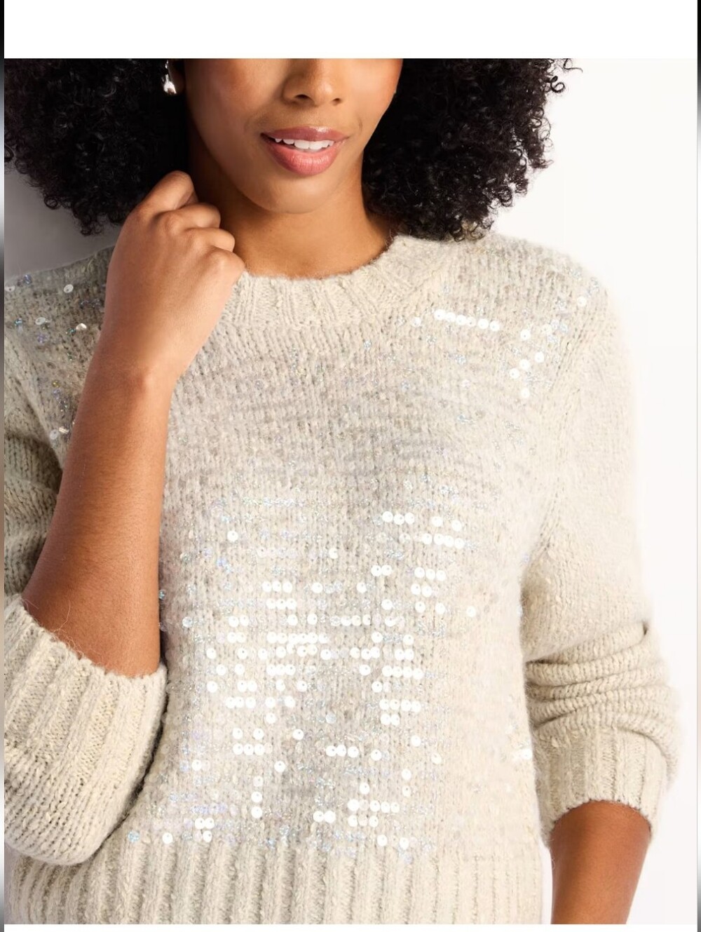 RD Style Ivory Sequin Crewneck Sweater Women's Size L - Picture 3 of 11